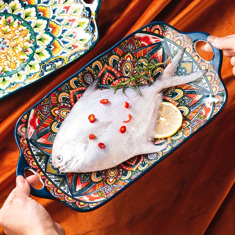 YUMIPLUS Bohemian Ceramic Serving Platter  Versatile Rectangular Dish with Handles for Dining & Entertaining