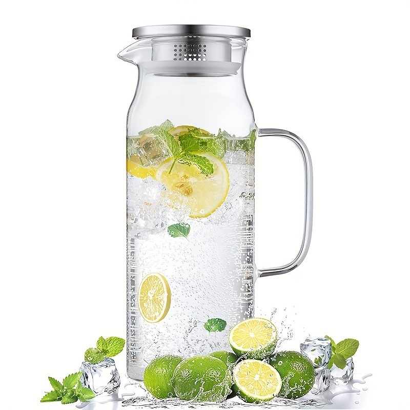 YUMIPLUS 1500ml High Borosilicate Glass Pitcher  Heat-Resistant Durable Water & Beverage Dispenser with Stainless Steel Lid