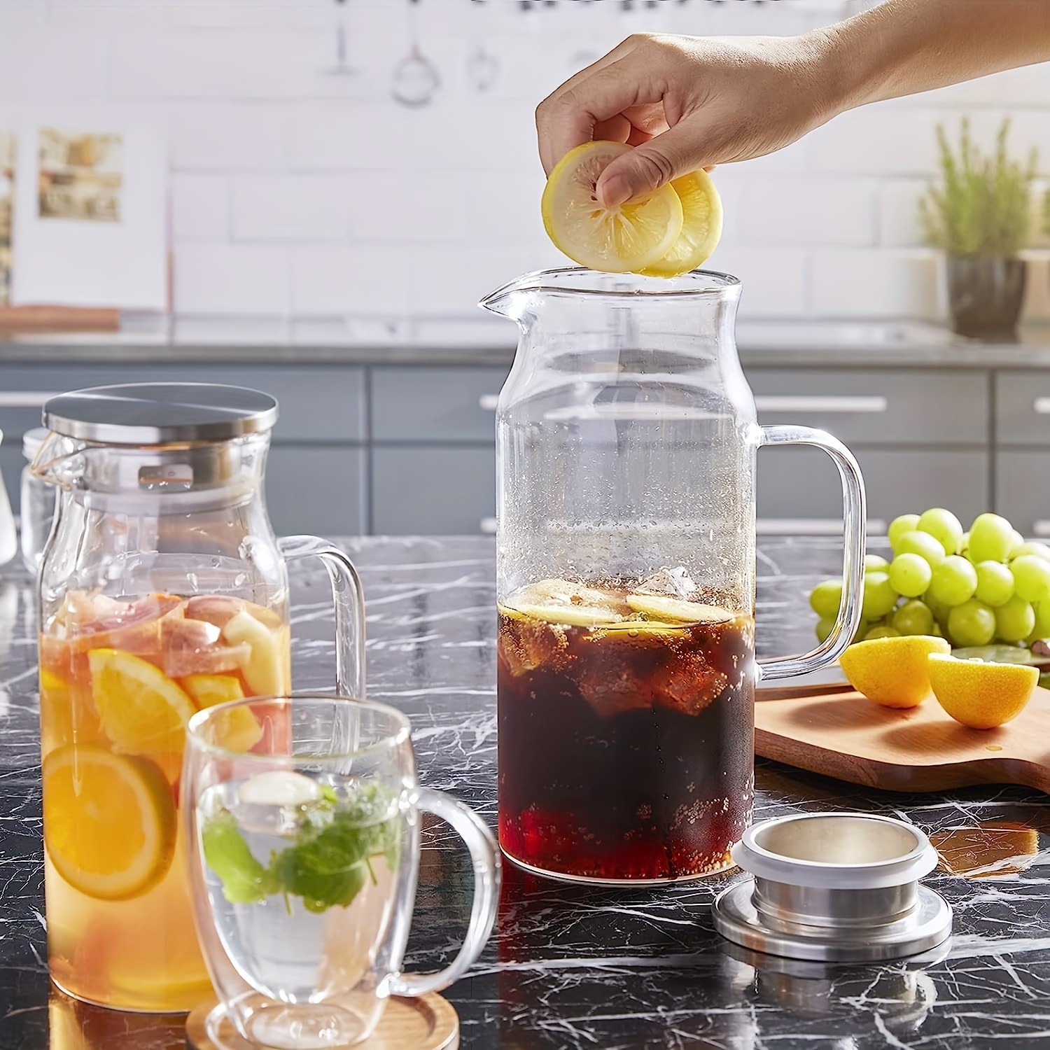 YUMIPLUS 1500ml High Borosilicate Glass Pitcher  Heat-Resistant Durable Water & Beverage Dispenser with Stainless Steel Lid