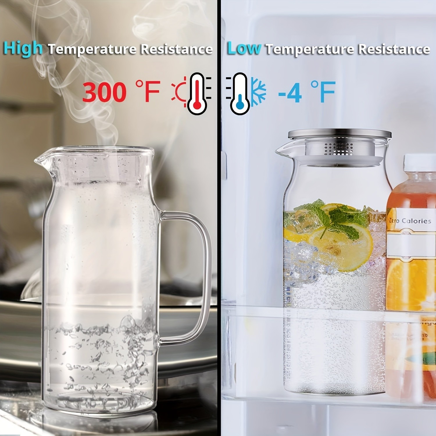 YUMIPLUS 1500ml High Borosilicate Glass Pitcher  Heat-Resistant Durable Water & Beverage Dispenser with Stainless Steel Lid