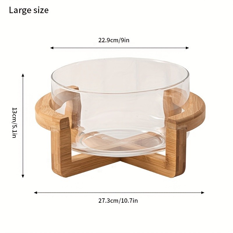YUMIPLUS Glass Fruit Plate with Bamboo Base  Elegant Snack & Salad Bowl for Home, Restaurant & Hotel Use