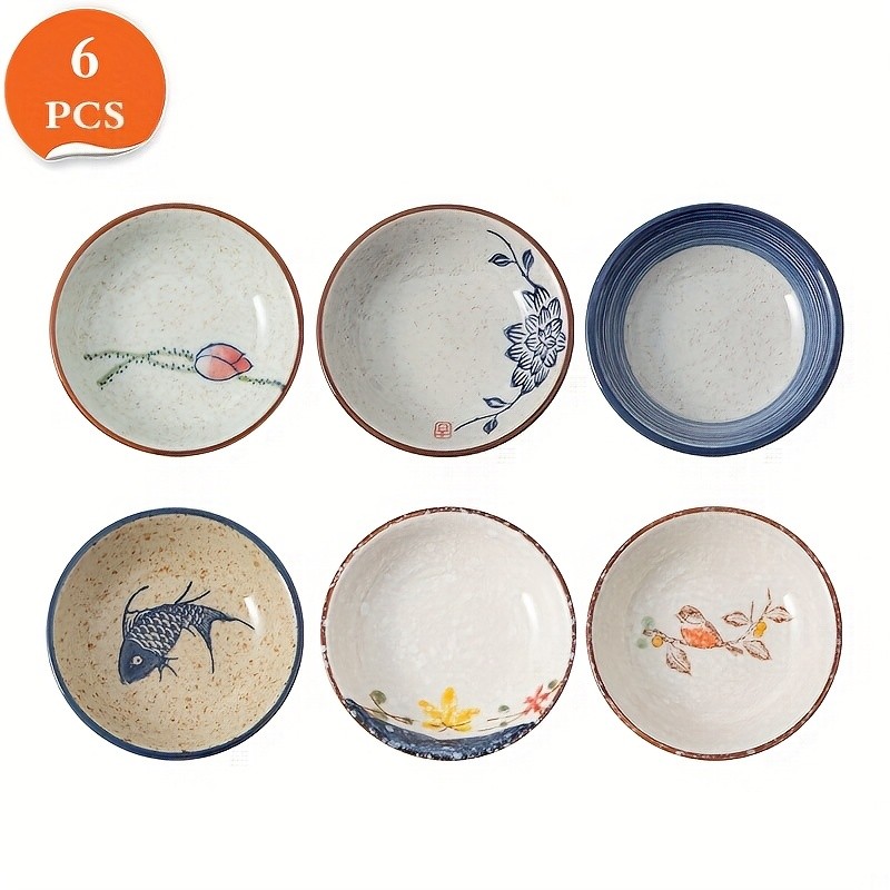 YUMIPLUS Japanese Retro Ceramic Side Dish Bowls Set (6pcs)  Traditional Porcelain Seasoning & Soy Sauce Dipping Plates