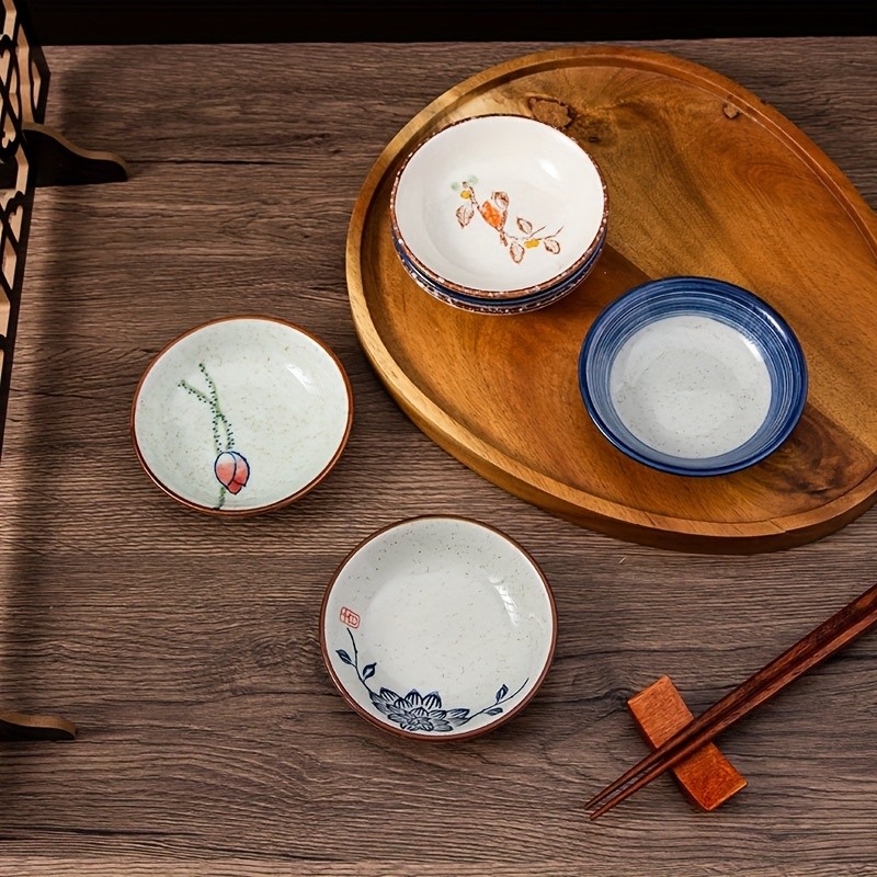 YUMIPLUS Japanese Retro Ceramic Side Dish Bowls Set (6pcs)  Traditional Porcelain Seasoning & Soy Sauce Dipping Plates