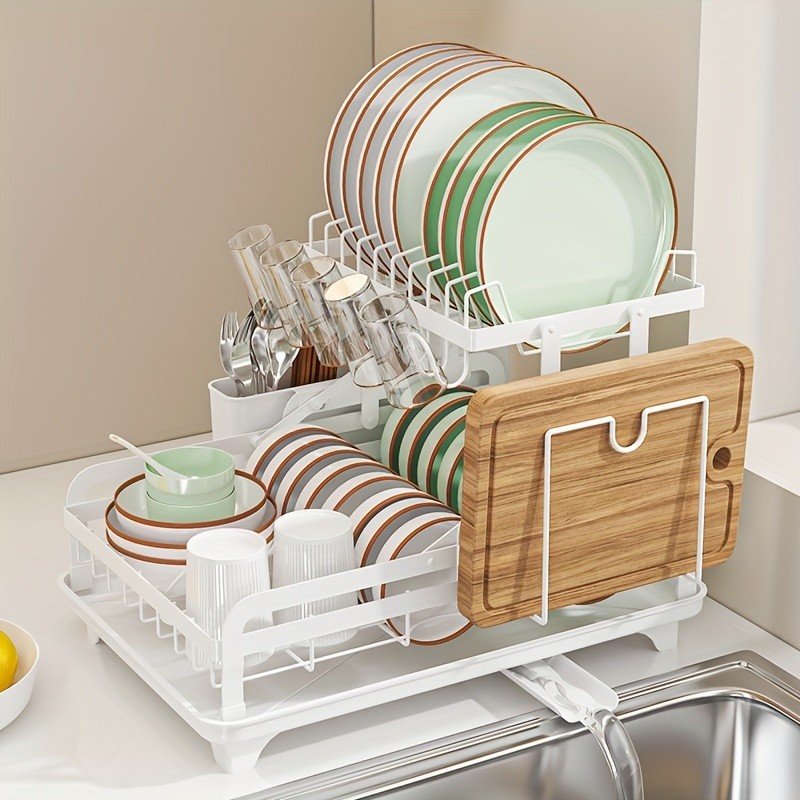 URLUNA 2-Tier Dish Drying Rack with Drainboard  Large Metal Rack with Glass Holder, Utensil Holder & Extra Drying Mat