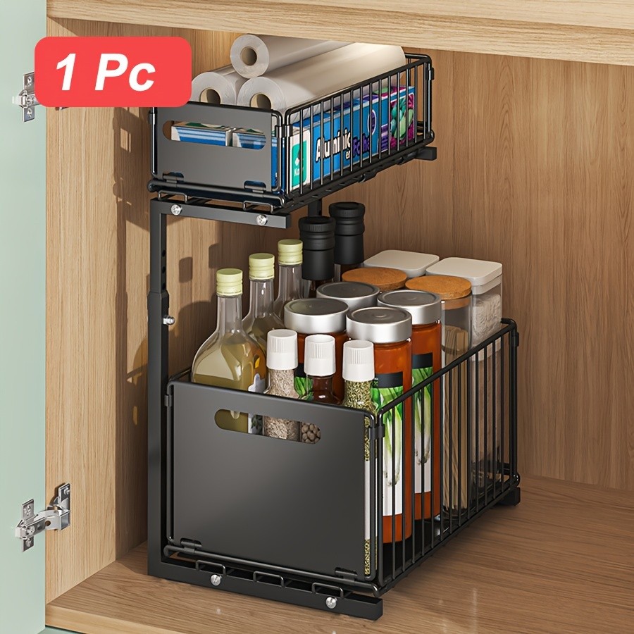 URLUNA 2-Tier Pull-Out Under Sink Organizer  Space-Saving Metal Cabinet Storage Rack for Kitchen & Bathroom