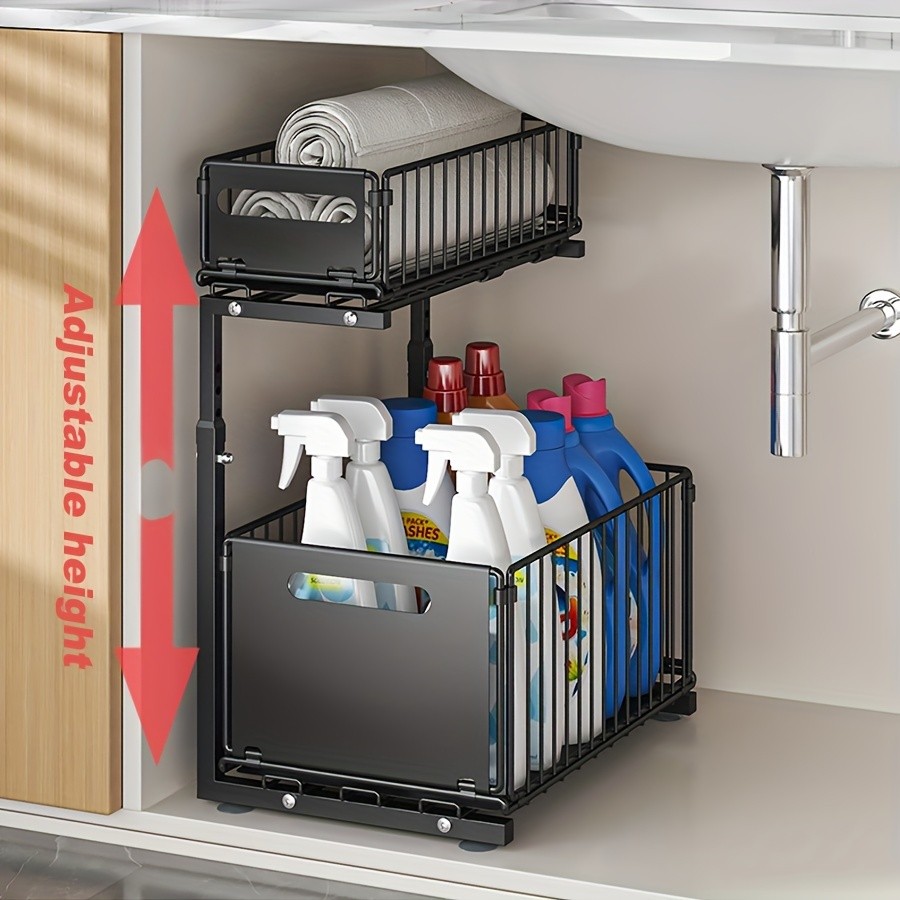 URLUNA 2-Tier Pull-Out Under Sink Organizer  Space-Saving Metal Cabinet Storage Rack for Kitchen & Bathroom