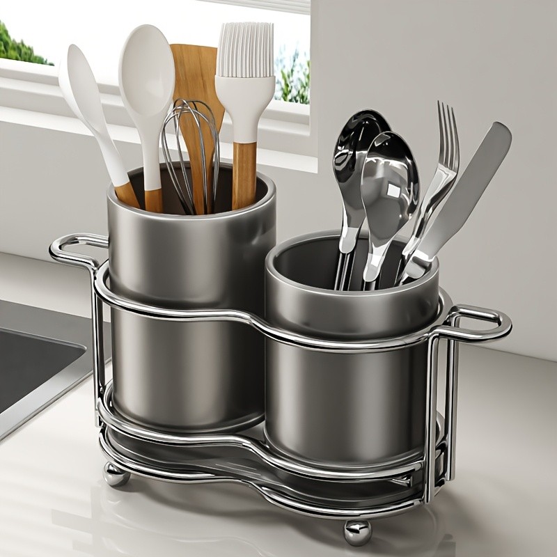 URLUNA Cutlery Holder  Dual-Compartment Silverware Organizer with Metal Frame for Kitchen & Countertop Storage