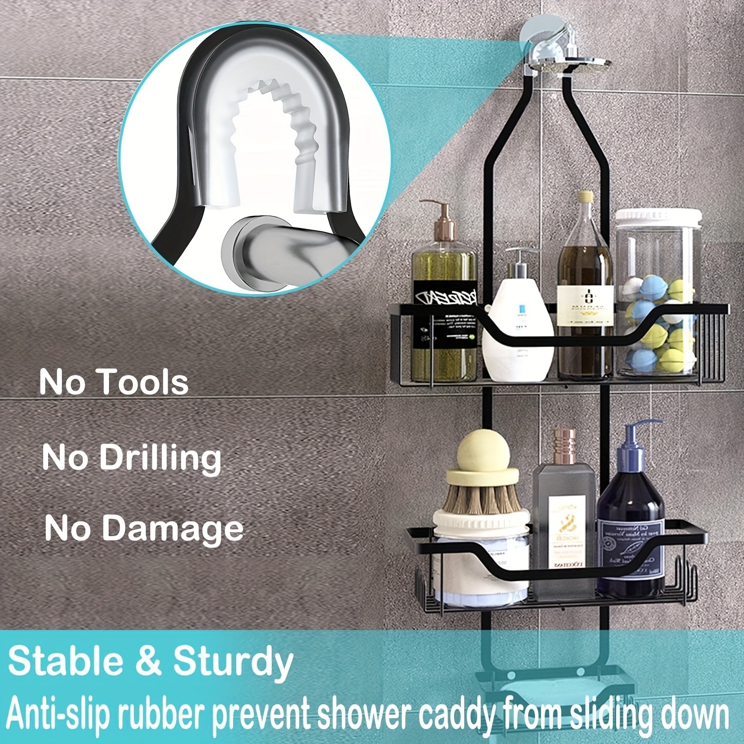 URLUNA Rustproof Black Shower Caddy  Wall-Mounted No-Drill Bathroom Organizer with Soap Holder