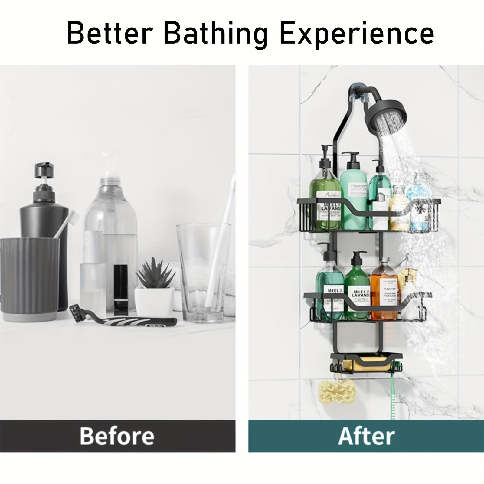 URLUNA Rustproof Black Shower Caddy  Wall-Mounted No-Drill Bathroom Organizer with Soap Holder