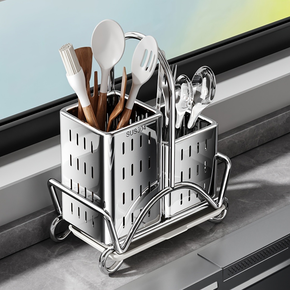 URLUNA Stainless Steel Cutlery Holder  SUS 304 Silverware Caddy with Bracket for Kitchen Countertop