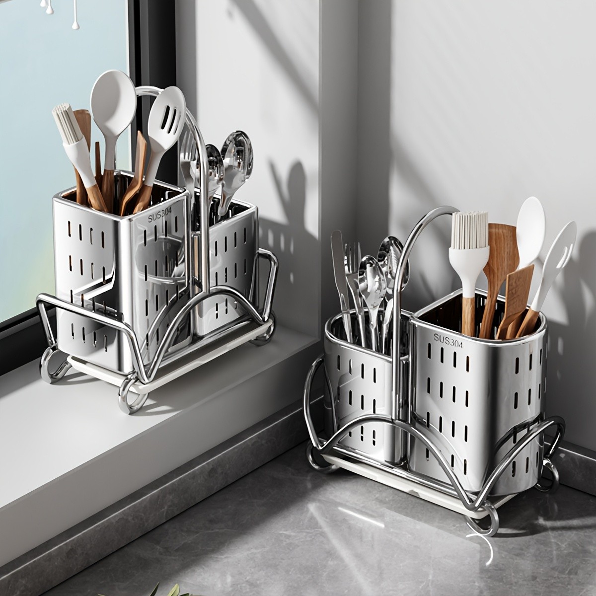URLUNA Stainless Steel Cutlery Holder  SUS 304 Silverware Caddy with Bracket for Kitchen Countertop