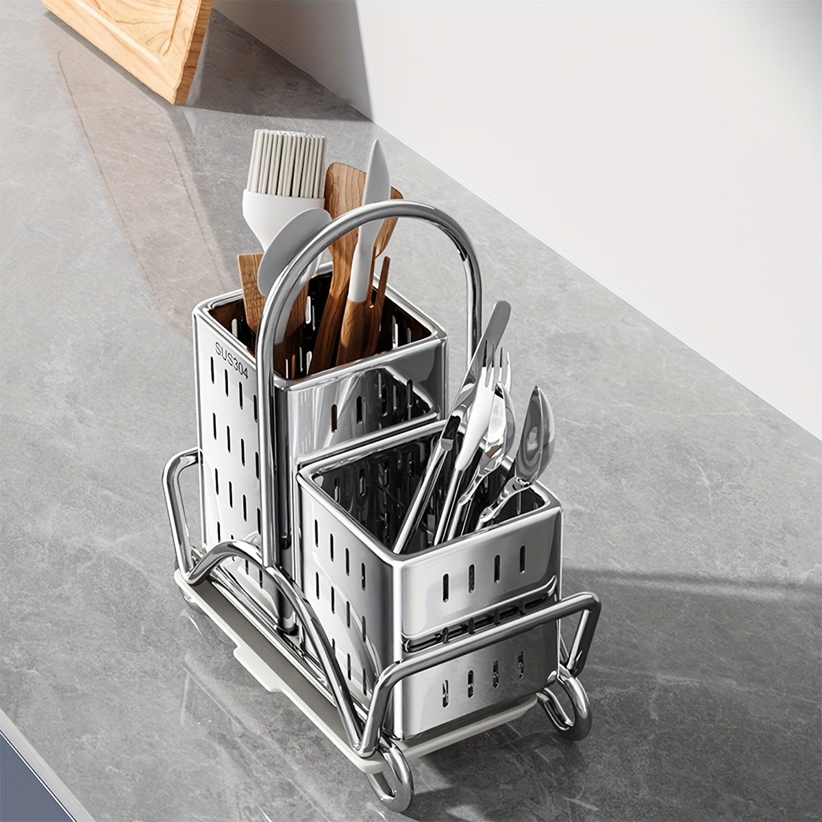 URLUNA Stainless Steel Cutlery Holder  SUS 304 Silverware Caddy with Bracket for Kitchen Countertop