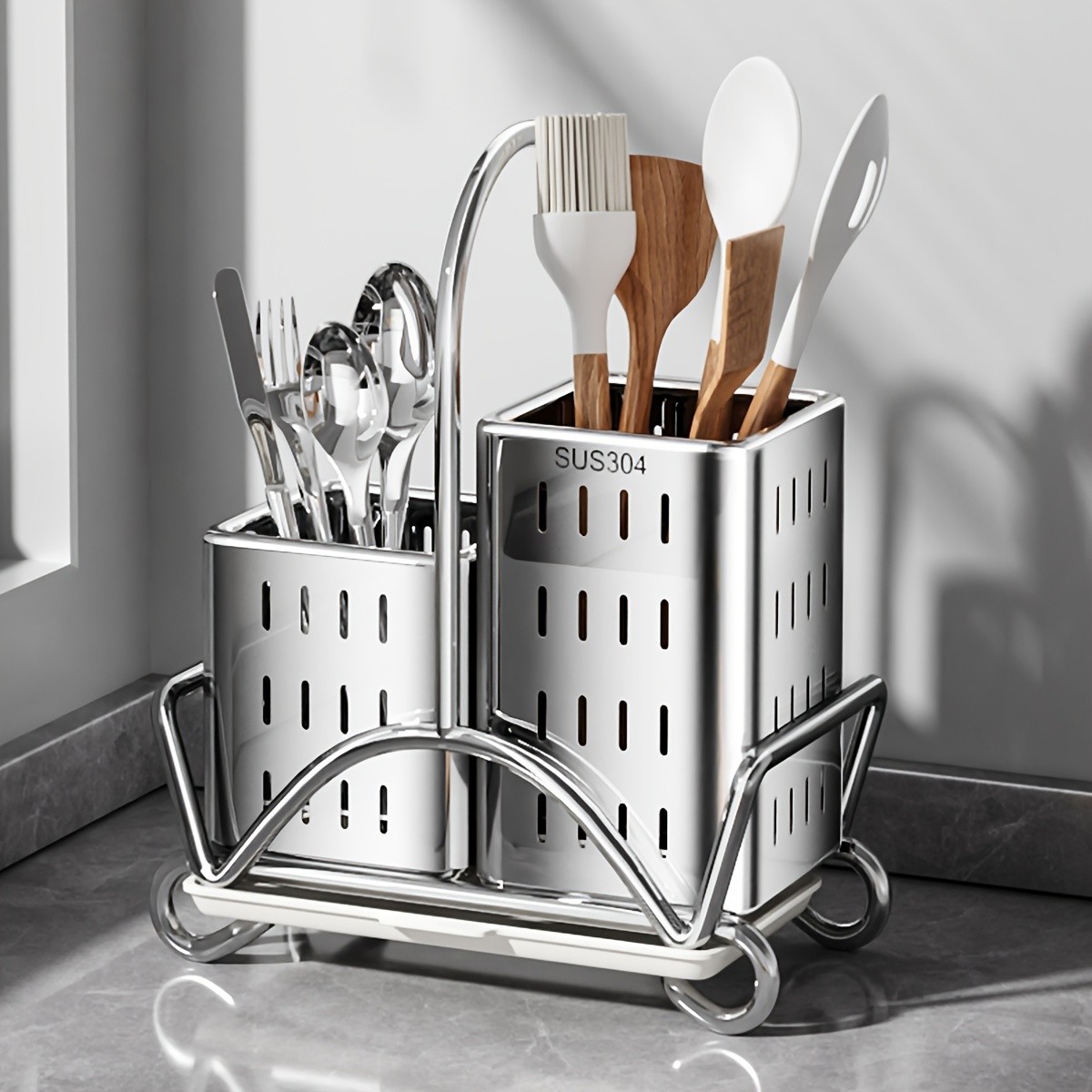 URLUNA Stainless Steel Cutlery Holder  SUS 304 Silverware Caddy with Bracket for Kitchen Countertop