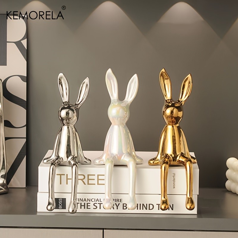 KEMORELA Long-Eared Rabbit Ceramic Ornament  Simple Sitting Figurine for Living Room, TV Cabinet & Holiday Dcor