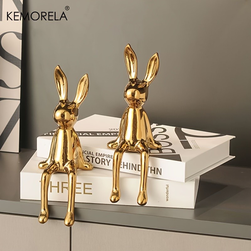 KEMORELA Long-Eared Rabbit Ceramic Ornament  Simple Sitting Figurine for Living Room, TV Cabinet & Holiday Dcor