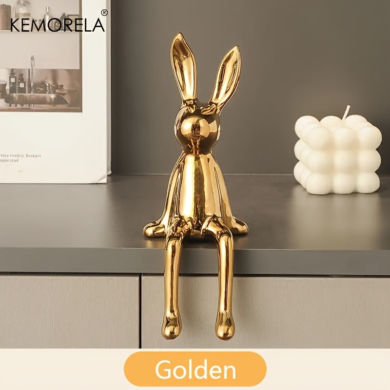 KEMORELA Long-Eared Rabbit Ceramic Ornament  Simple Sitting Figurine for Living Room, TV Cabinet & Holiday Dcor