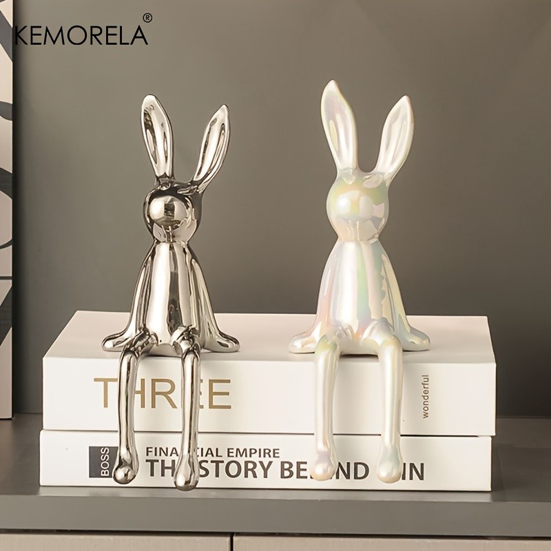 KEMORELA Long-Eared Rabbit Ceramic Ornament  Simple Sitting Figurine for Living Room, TV Cabinet & Holiday Dcor
