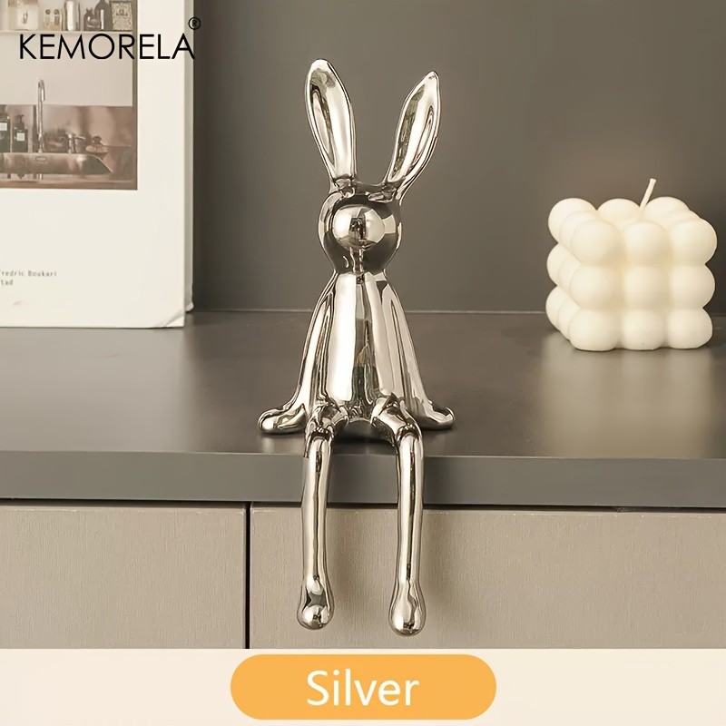 KEMORELA Long-Eared Rabbit Ceramic Ornament  Simple Sitting Figurine for Living Room, TV Cabinet & Holiday Dcor