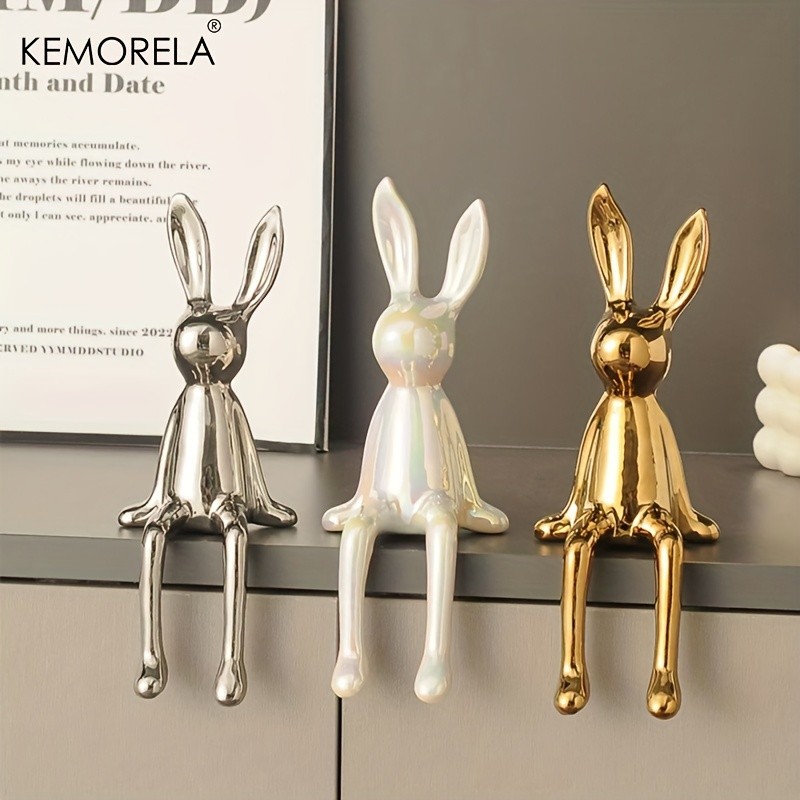 KEMORELA Long-Eared Rabbit Ceramic Ornament  Simple Sitting Figurine for Living Room, TV Cabinet & Holiday Dcor