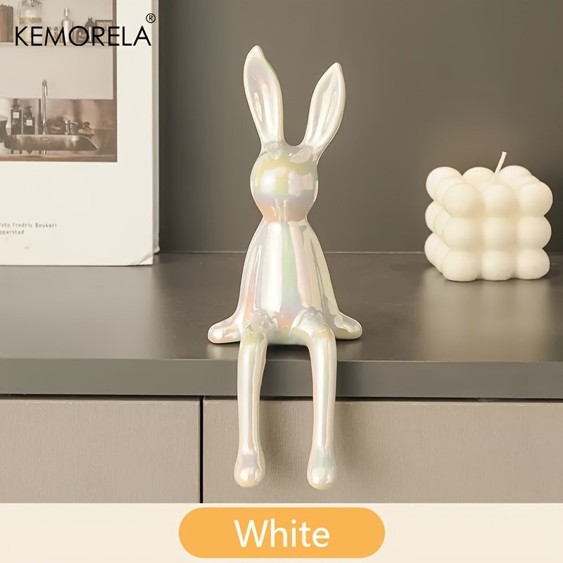KEMORELA Long-Eared Rabbit Ceramic Ornament  Simple Sitting Figurine for Living Room, TV Cabinet & Holiday Dcor