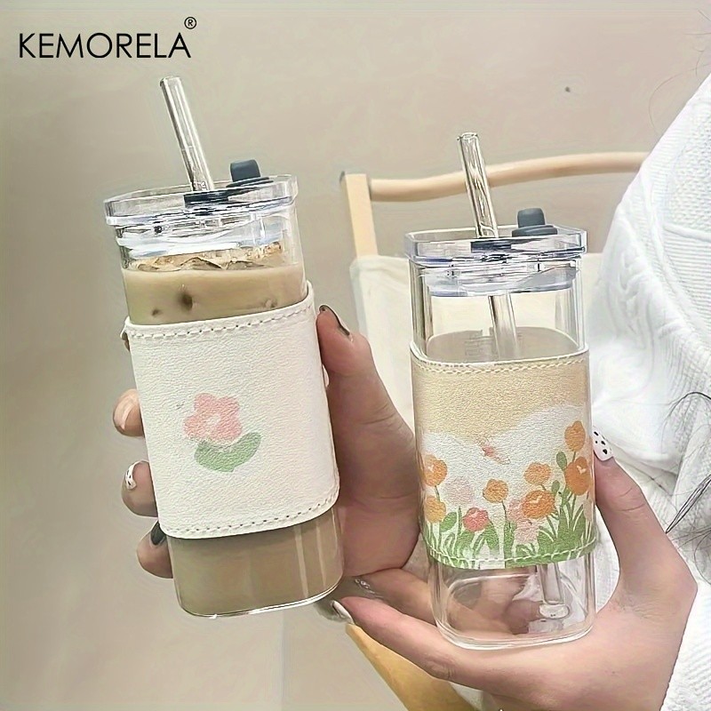 KEMORELA 380ml Portable Rectangular Glass Cup with Lid & Straw (4/6pcs)  Heat-Resistant, Durable & Travel-Friendly Drinkware