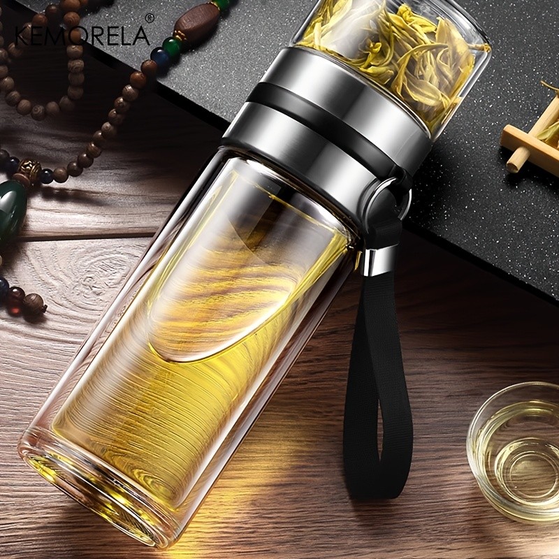 KEMORELA Double-Layer Glass Tea Brewing Bottle  Leak-Proof Travel Cup with Water & Tea Separation Design