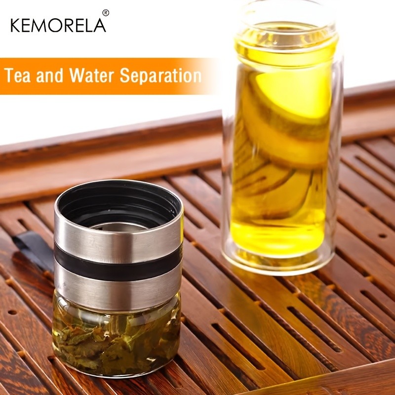 KEMORELA Double-Layer Glass Tea Brewing Bottle  Leak-Proof Travel Cup with Water & Tea Separation Design