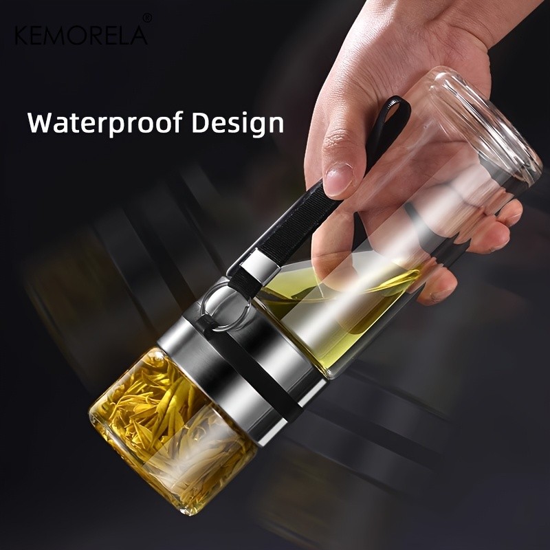 KEMORELA Double-Layer Glass Tea Brewing Bottle  Leak-Proof Travel Cup with Water & Tea Separation Design