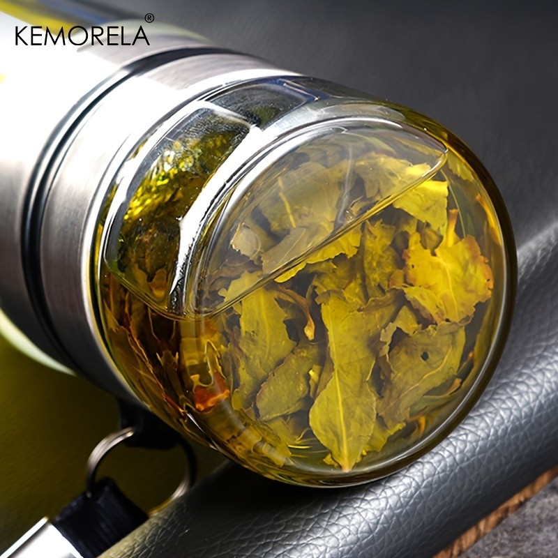 KEMORELA Double-Layer Glass Tea Brewing Bottle  Leak-Proof Travel Cup with Water & Tea Separation Design