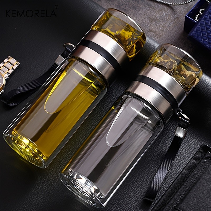 KEMORELA Double-Layer Glass Tea Brewing Bottle  Leak-Proof Travel Cup with Water & Tea Separation Design