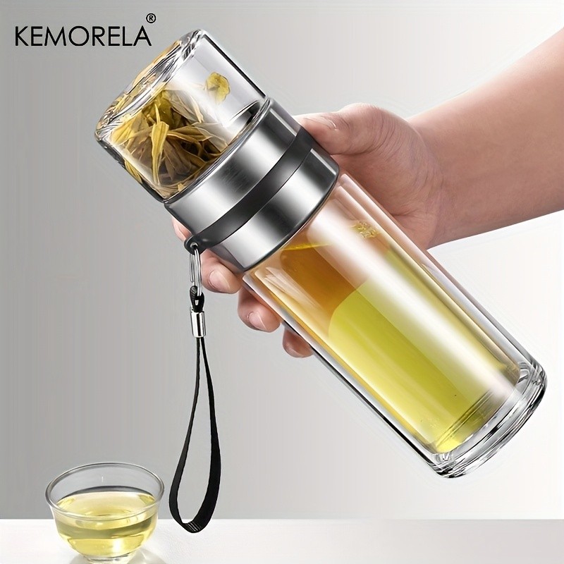 KEMORELA Double-Layer Glass Tea Brewing Bottle  Leak-Proof Travel Cup with Water & Tea Separation Design