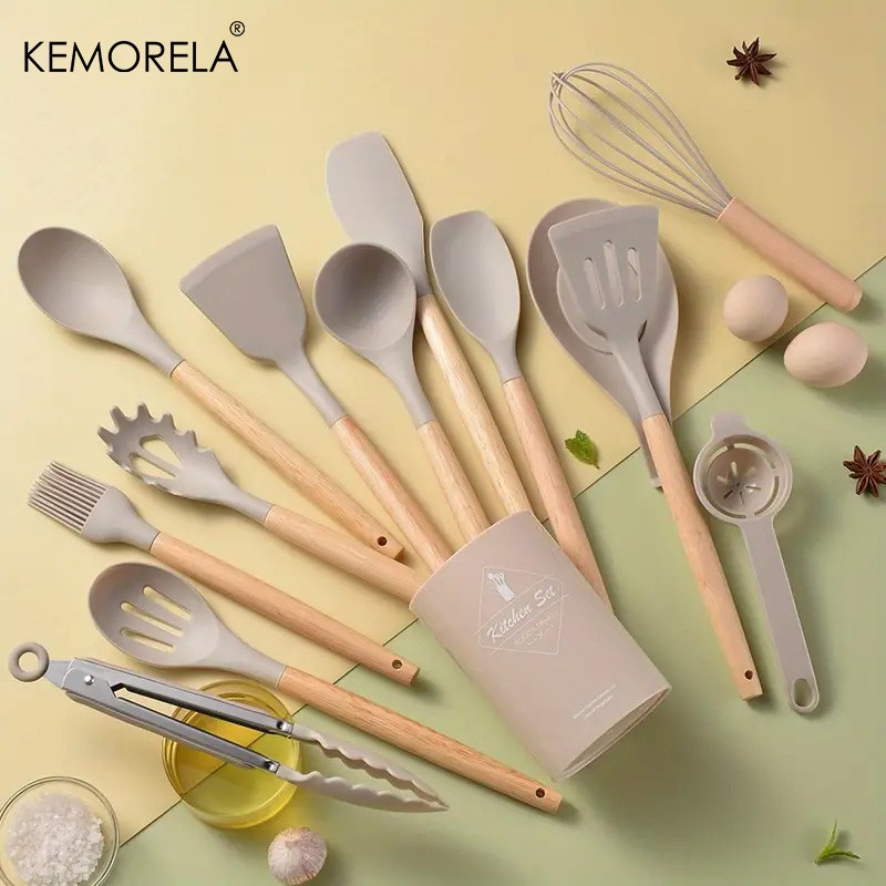 KEMORELA 14pcs Silicone Utensil Set  Food-Safe Non-Stick Cooking Tools with Wooden Handles & Colorful Storage Buckets