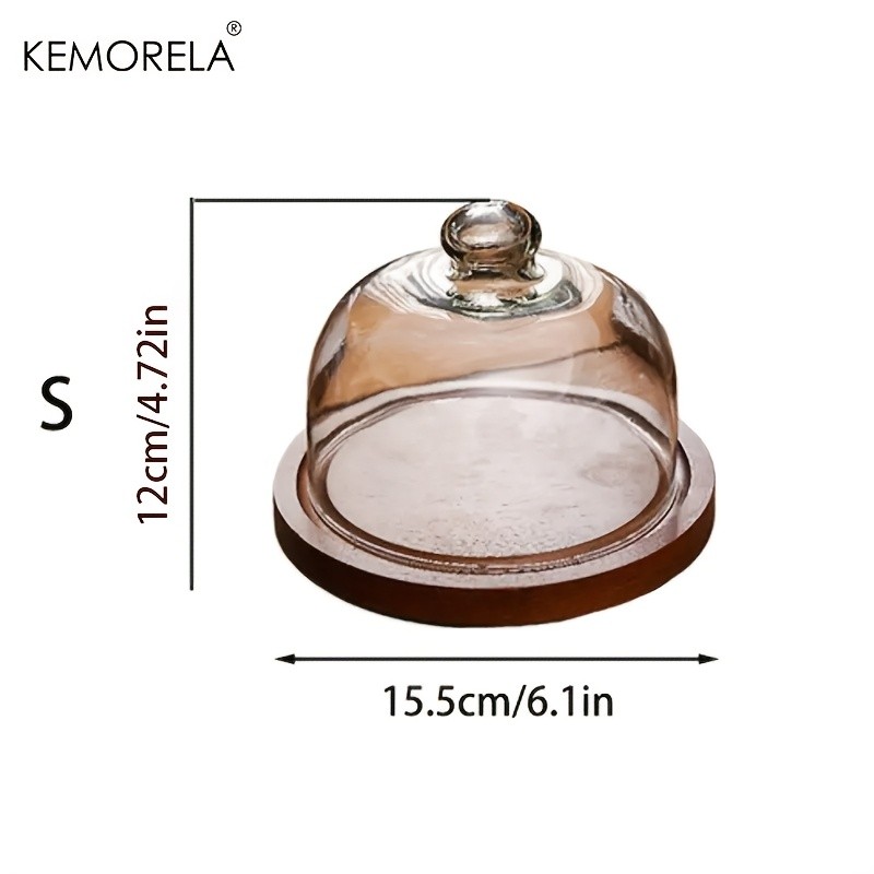 KEMORELA Wooden Round Dessert Plate with Glass Dome  Natural Wood Serving Tray for Cakes, Fruits & Snacks