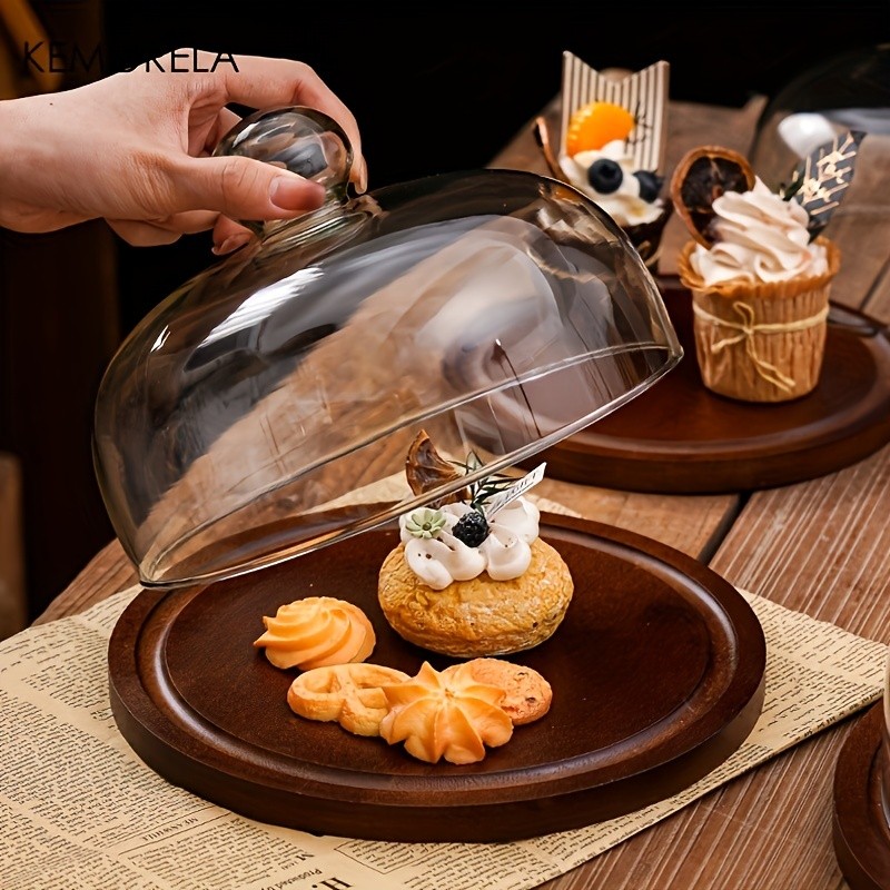 KEMORELA Wooden Round Dessert Plate with Glass Dome  Natural Wood Serving Tray for Cakes, Fruits & Snacks