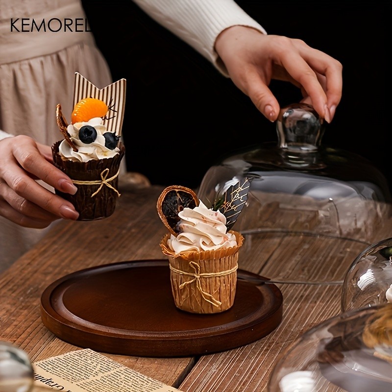 KEMORELA Wooden Round Dessert Plate with Glass Dome  Natural Wood Serving Tray for Cakes, Fruits & Snacks