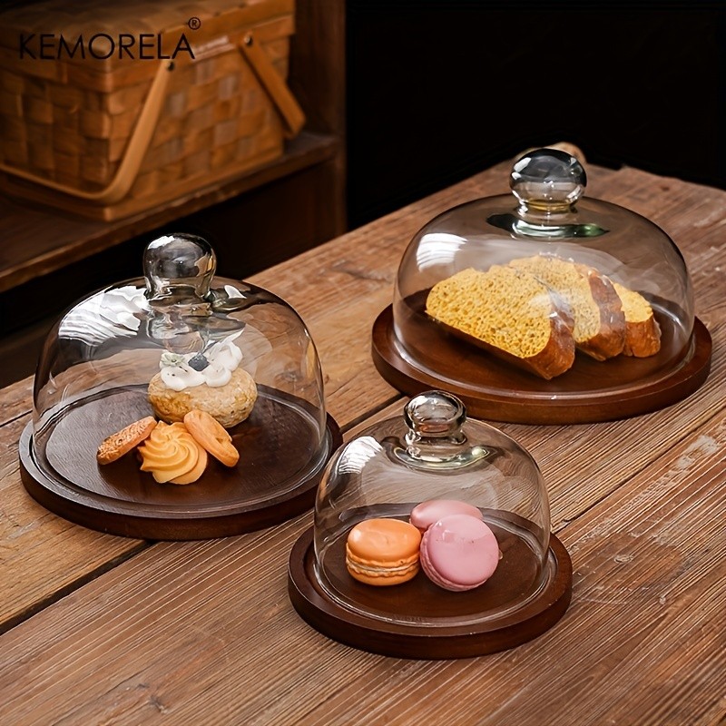 KEMORELA Wooden Round Dessert Plate with Glass Dome  Natural Wood Serving Tray for Cakes, Fruits & Snacks