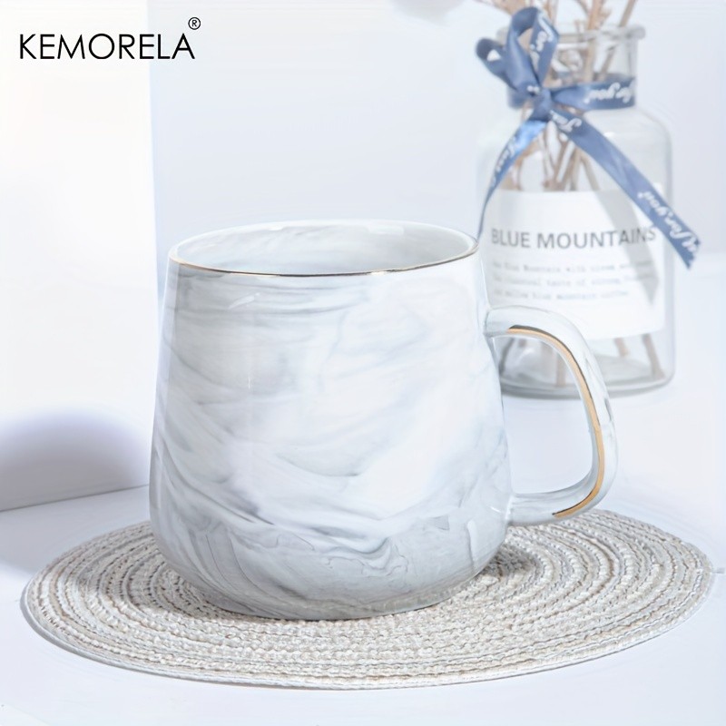 KEMORELA Golden-Trimmed Ceramic Coffee Mug (13.5oz/400ml)  Marble Texture Breakfast Cup for Coffee, Milk, Juice & Oatmeal