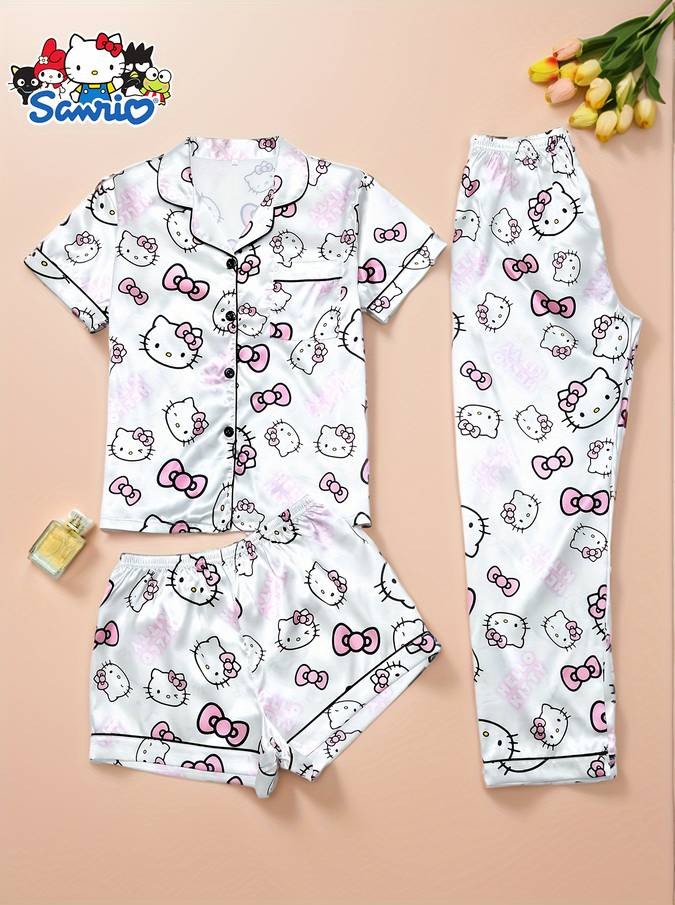 Sanrio HELLO KITTY Youth Pajamas 3-Piece Set  Lapel Buttoned Cardigan Top + Trousers + Shorts