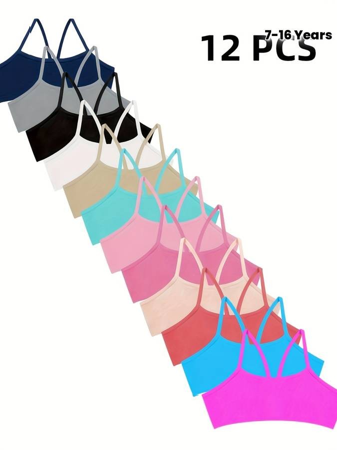 ZIMI COLLECTION 12-Pack Girls Seamless Camisole Bras  Cute Cross-Strap Off-Shoulder Tank Tops (Ages 617) Soft Knit Fabric  Medium Stretch  All-Season Comfort  Solid Colors  90% Polyamide / 10% Elastane