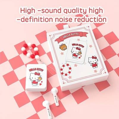 Sanrio Hello Kitty Wireless Earbuds  Cute Kawaii Red & White Book-Style Earphones with Beaded Lanyard Wireless  Touch Control  Type-C Charging  Perfect for Girls, Gaming, Sports & Travel  Birthday/Christmas Gift