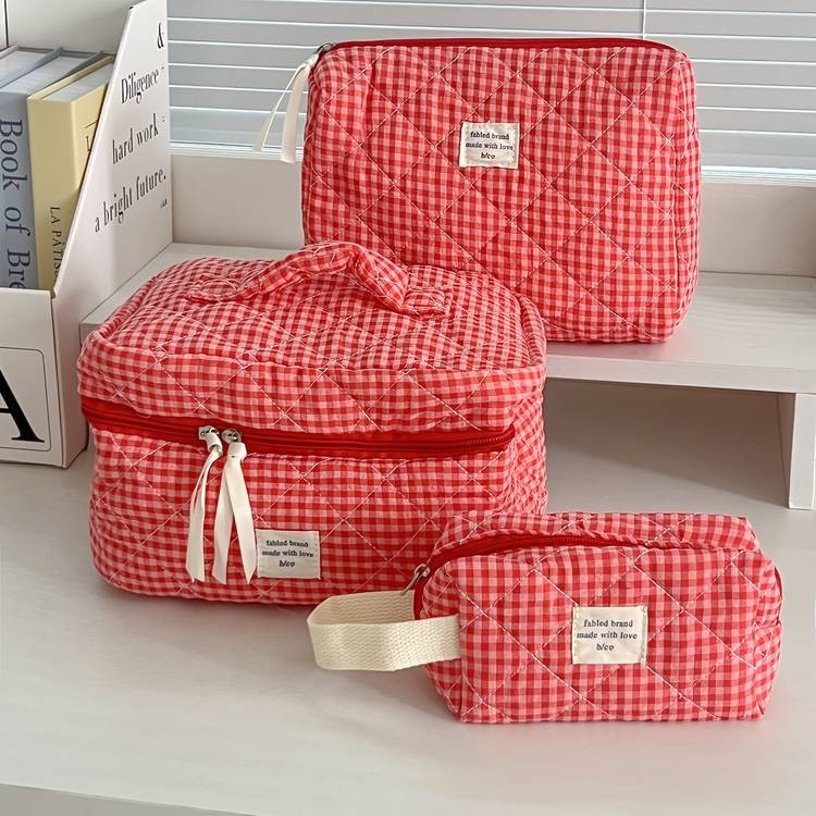 Honey Girl 3pcs Blueberry Check Cosmetic Bag Set  Foldable Polyester Travel Makeup Pouches High-Aesthetic  Portable Toiletry Organizer  Perfect for Women