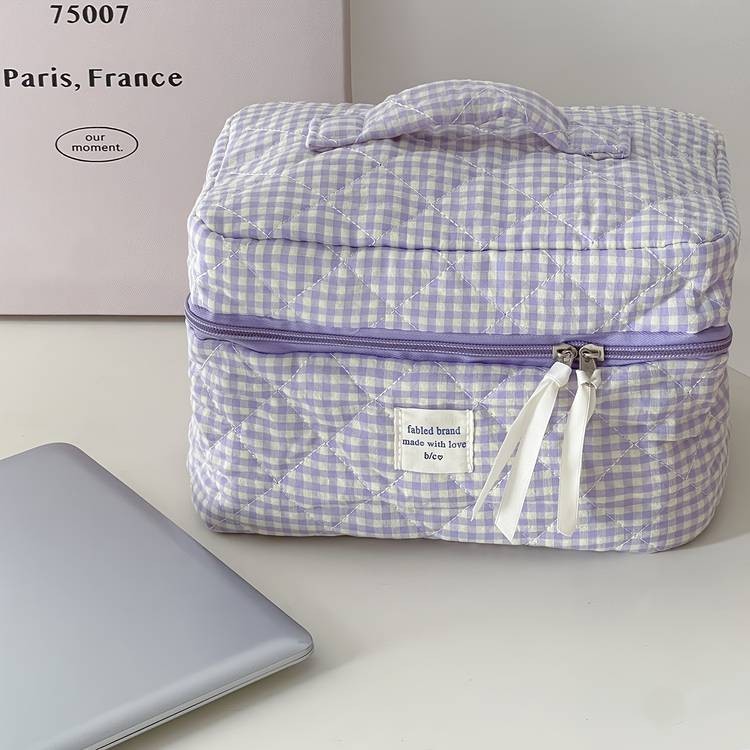 Honey Girl 3pcs Blueberry Check Cosmetic Bag Set  Foldable Polyester Travel Makeup Pouches High-Aesthetic  Portable Toiletry Organizer  Perfect for Women