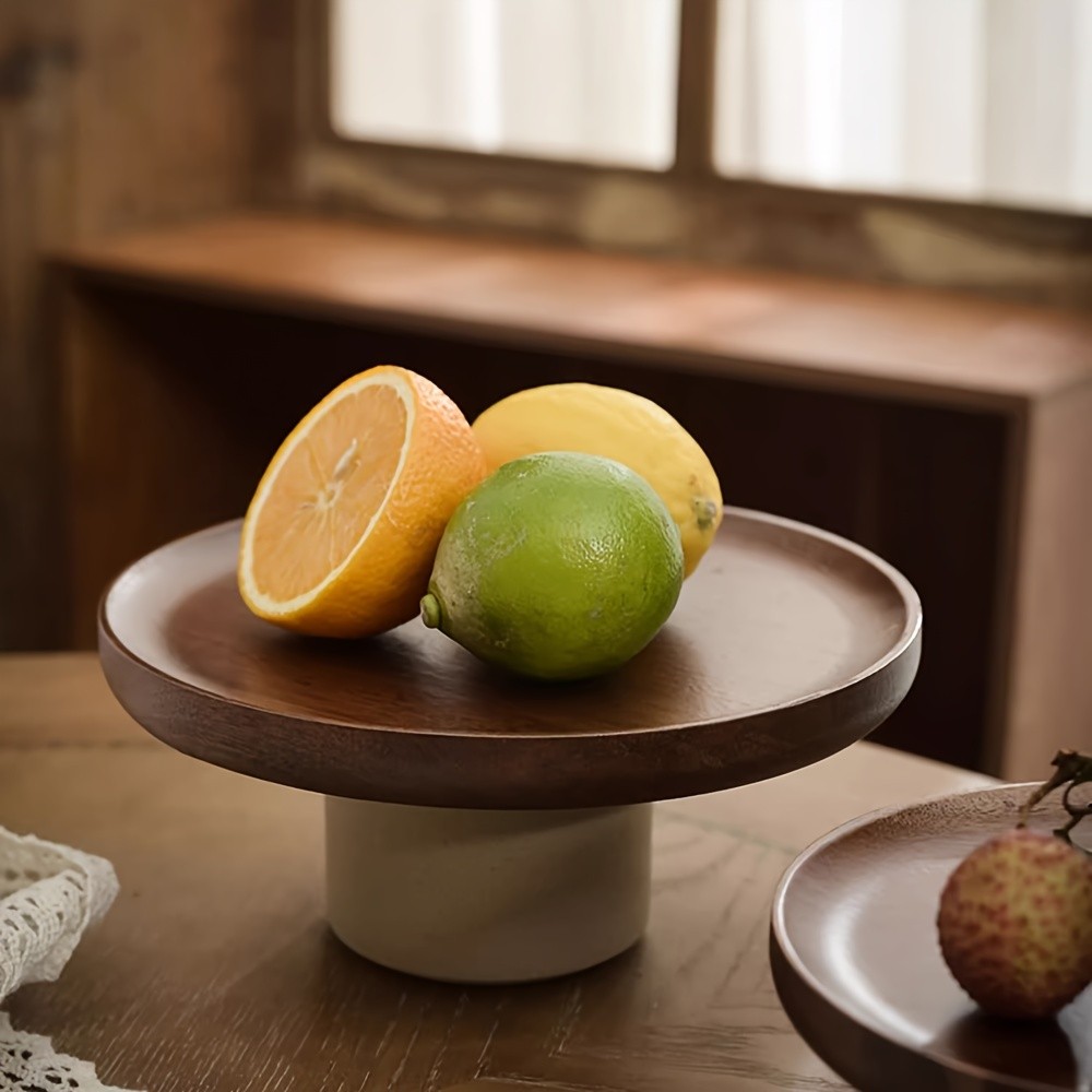 CEEFU Dual-Layer Acacia Wood & Ceramic Snack Tray  Stylish Food-Safe Stand for Cakes, Fruits & Party Serving