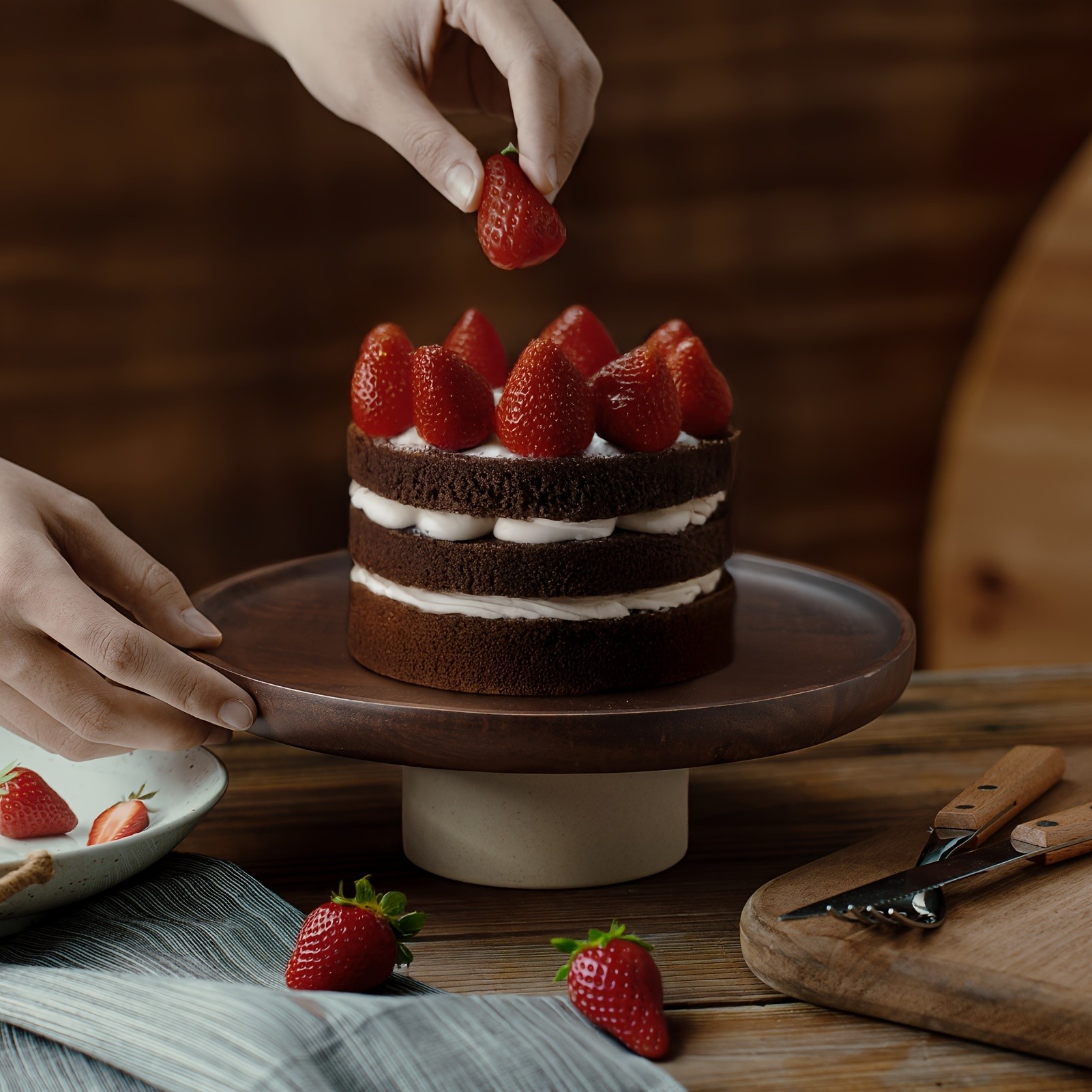 CEEFU Acacia Wood Cake Stand with Pottery Base  Elegant Food-Safe Display for Weddings, Parties & NZ Home Celebrations