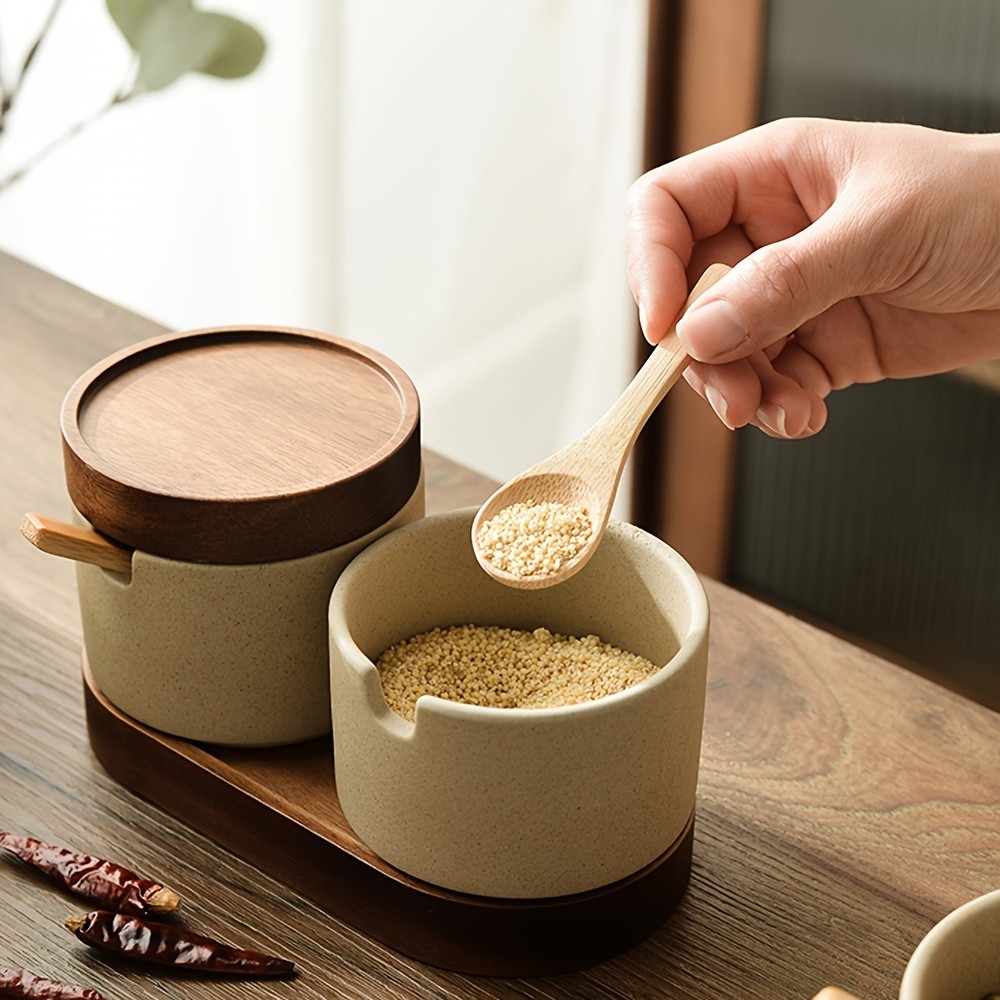CEEFU Ceramic Spice Jar with Acacia Wood Tray  Elegant Porcelain Storage Pot with Lid & Spoon for Salt, Sugar, Coffee & Herbs