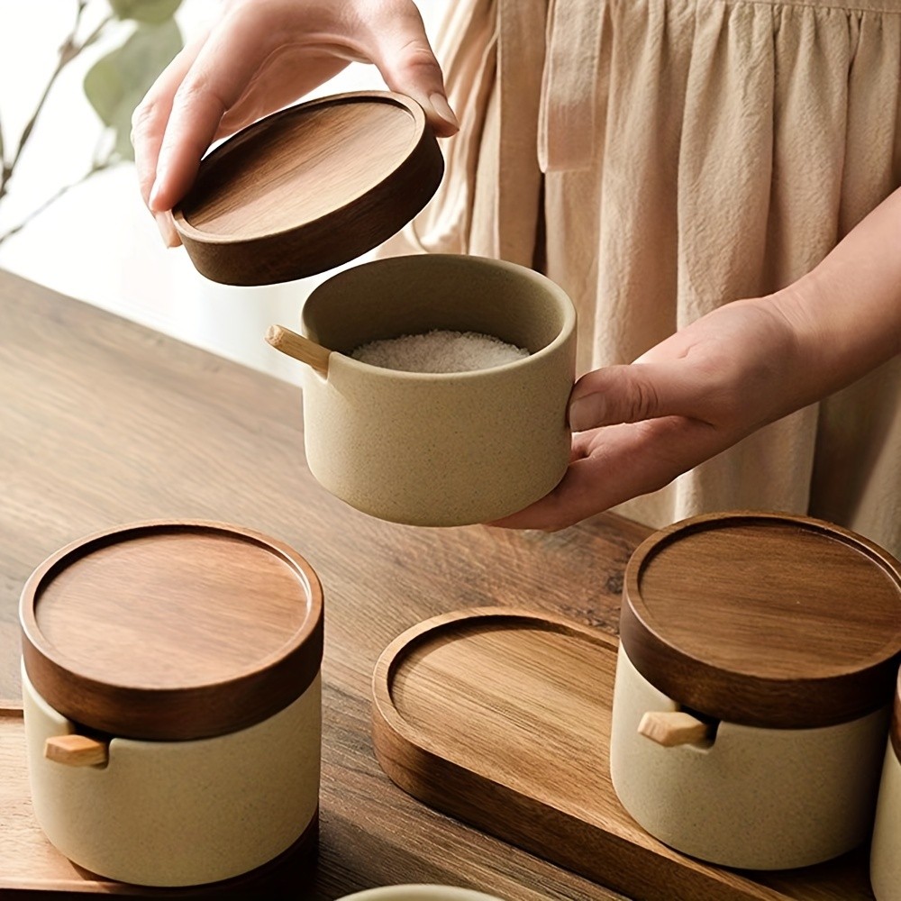 CEEFU Ceramic Spice Jar with Acacia Wood Tray  Elegant Porcelain Storage Pot with Lid & Spoon for Salt, Sugar, Coffee & Herbs