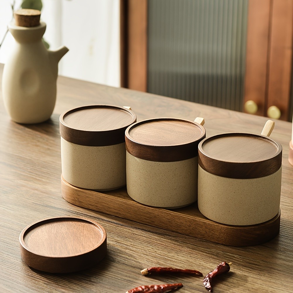 CEEFU Ceramic Spice Jar with Acacia Wood Tray  Elegant Porcelain Storage Pot with Lid & Spoon for Salt, Sugar, Coffee & Herbs