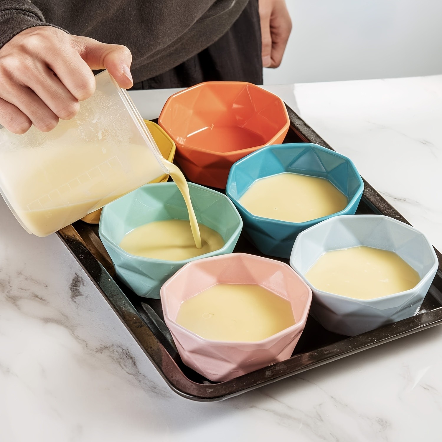 CEEFU 6pcs Colorful Geometric Ceramic Ramekins  8oz Oven-Safe Dessert Bowls for Creme Brulee, Souffl & Party Treats