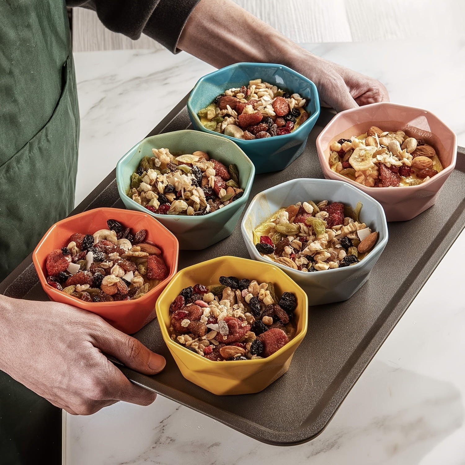 CEEFU 6pcs Colorful Geometric Ceramic Ramekins  8oz Oven-Safe Dessert Bowls for Creme Brulee, Souffl & Party Treats