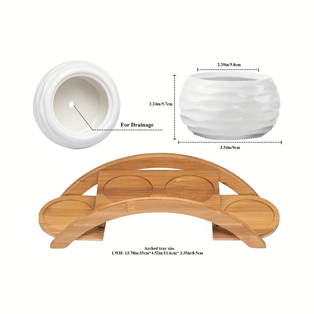 CEEFU 4-Pot Ceramic Succulent Planter Set with Stand Modern White Ripple-Texture Pots with Drainage for Indoor & Outdoor Plants